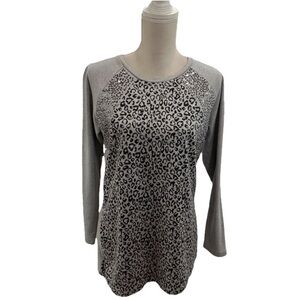 Quacker Factory Gray Cheetah Sequins Long Sleeve T-Shirt Women’s Small